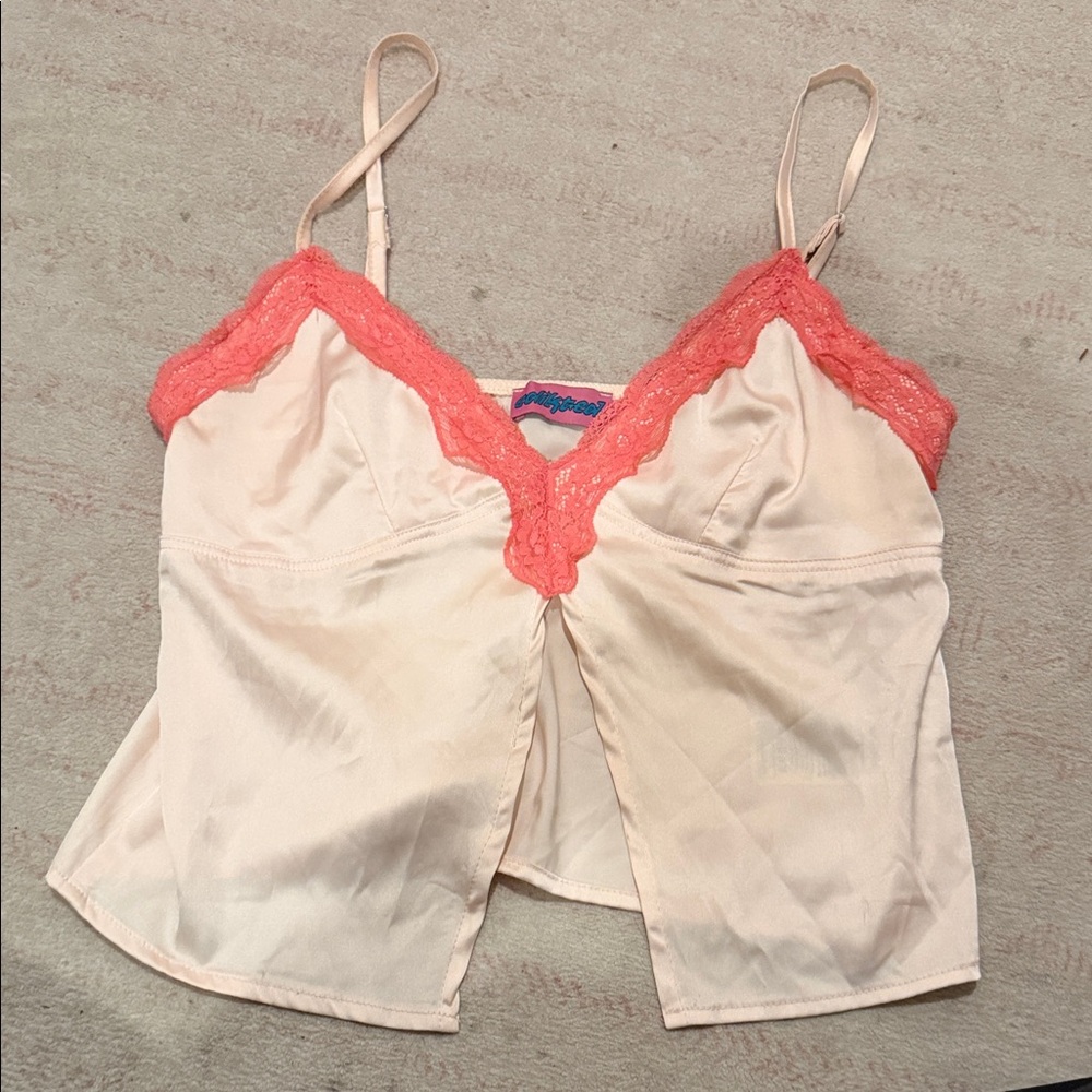 Edikted Pale Pink Satin Camisole with Coral Lace Trim